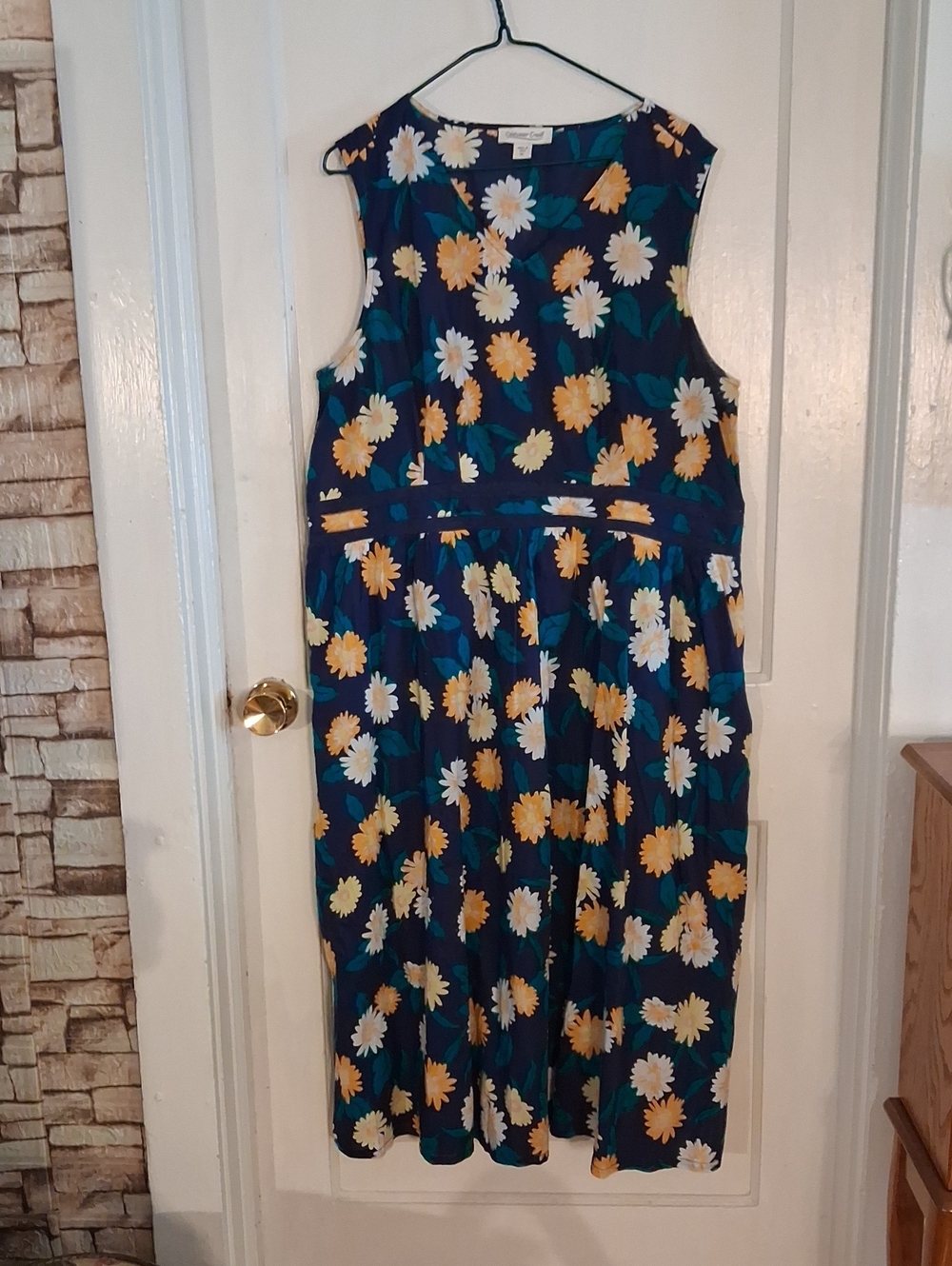 Coldwater Creek Navy Midi Dress with Yellow & White Floral Print 100 % Cotton
